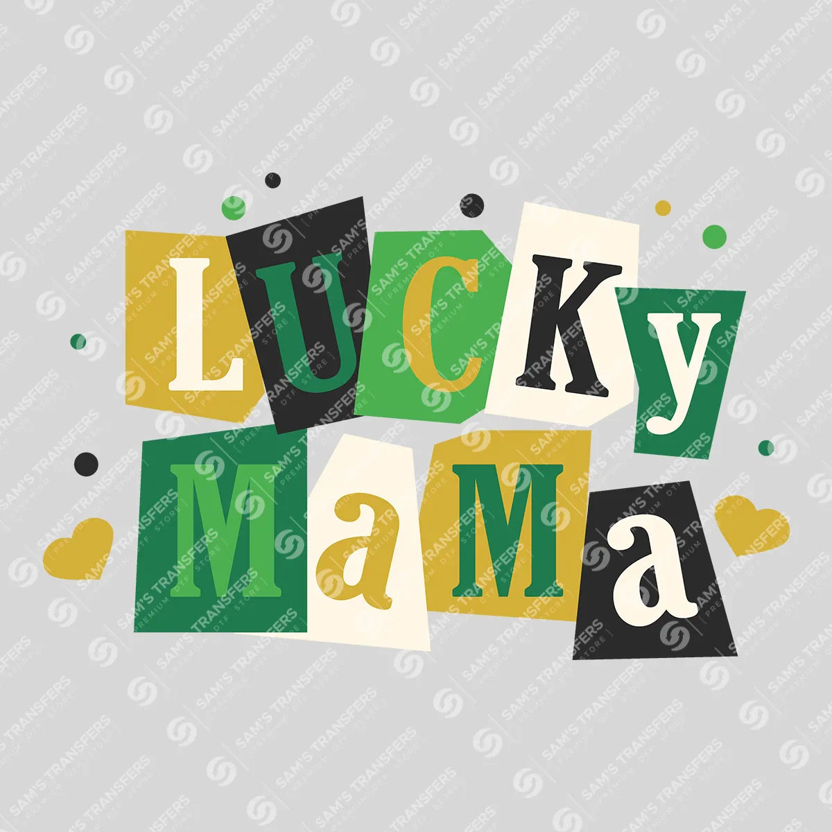 Apparel featuring a Lucky Mama Ransom Note-themed DTF transfer.