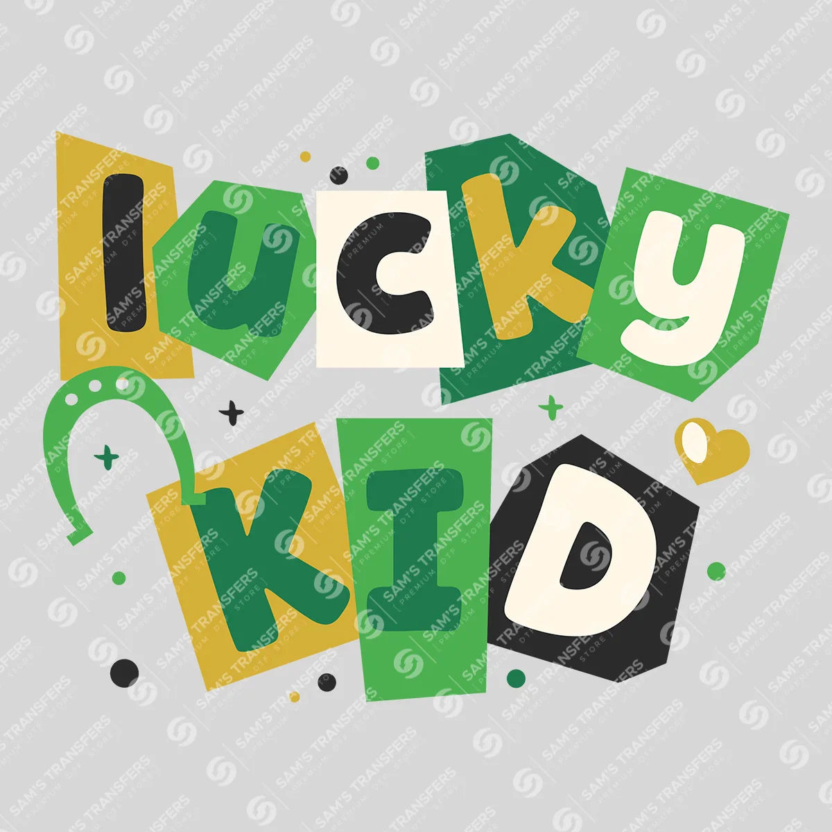 Apparel featuring a Lucky Kid Ransom Note-themed DTF transfer.