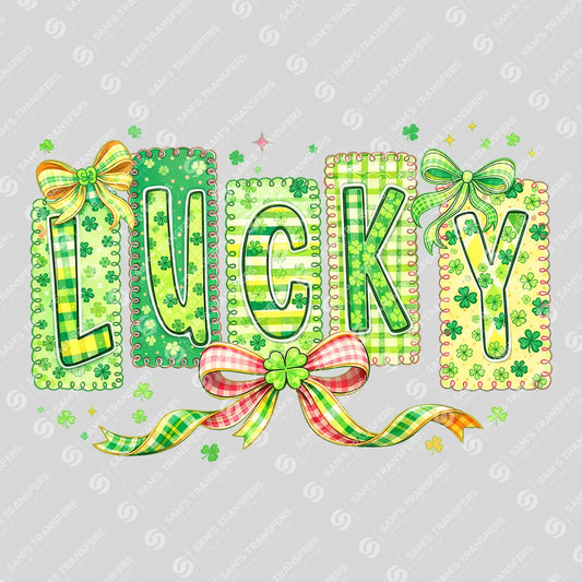Apparel featuring a Lucky Coquette Patchwork-themed DTF transfer.