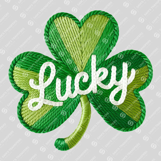 Apparel featuring a Lucky Shamrock Embroidery-themed DTF transfer.