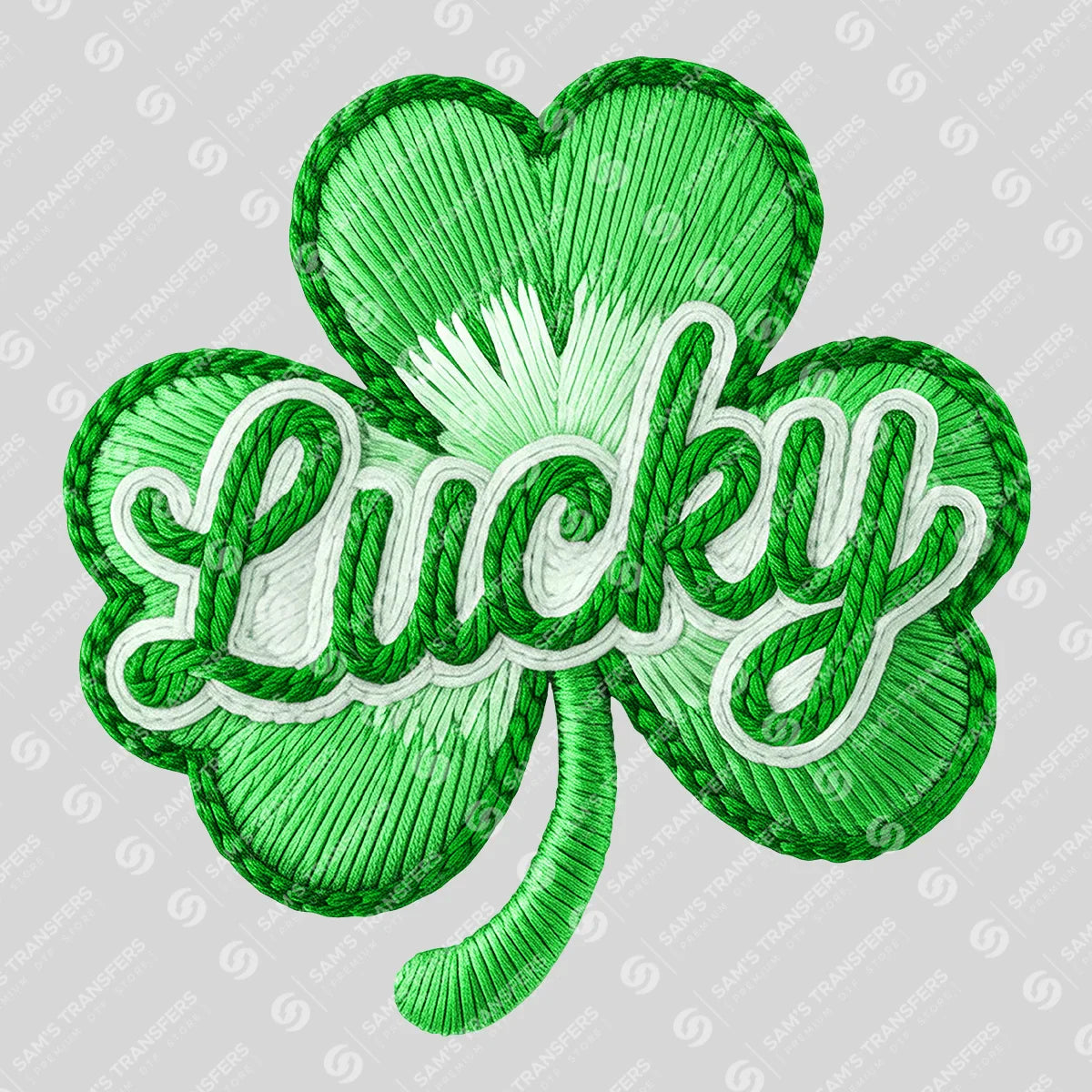 Apparel featuring a Lucky Shamrock Script Embroidery-themed DTF transfer.