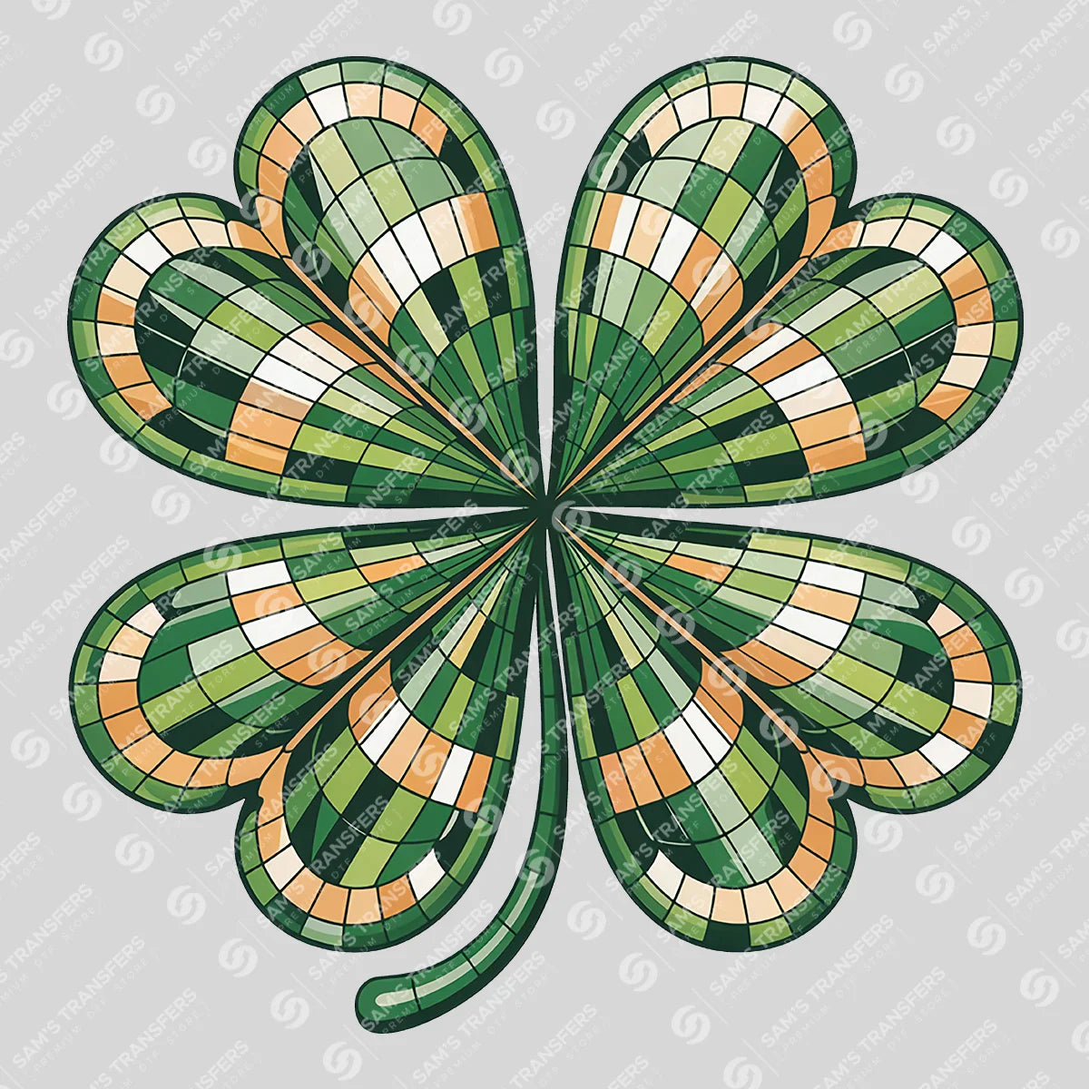 Apparel featuring a Plaid Mosaic Shamrock-themed DTF transfer.