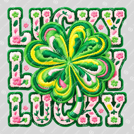Apparel featuring a Lucky Floral Embroidery Clover-themed DTF transfer.
