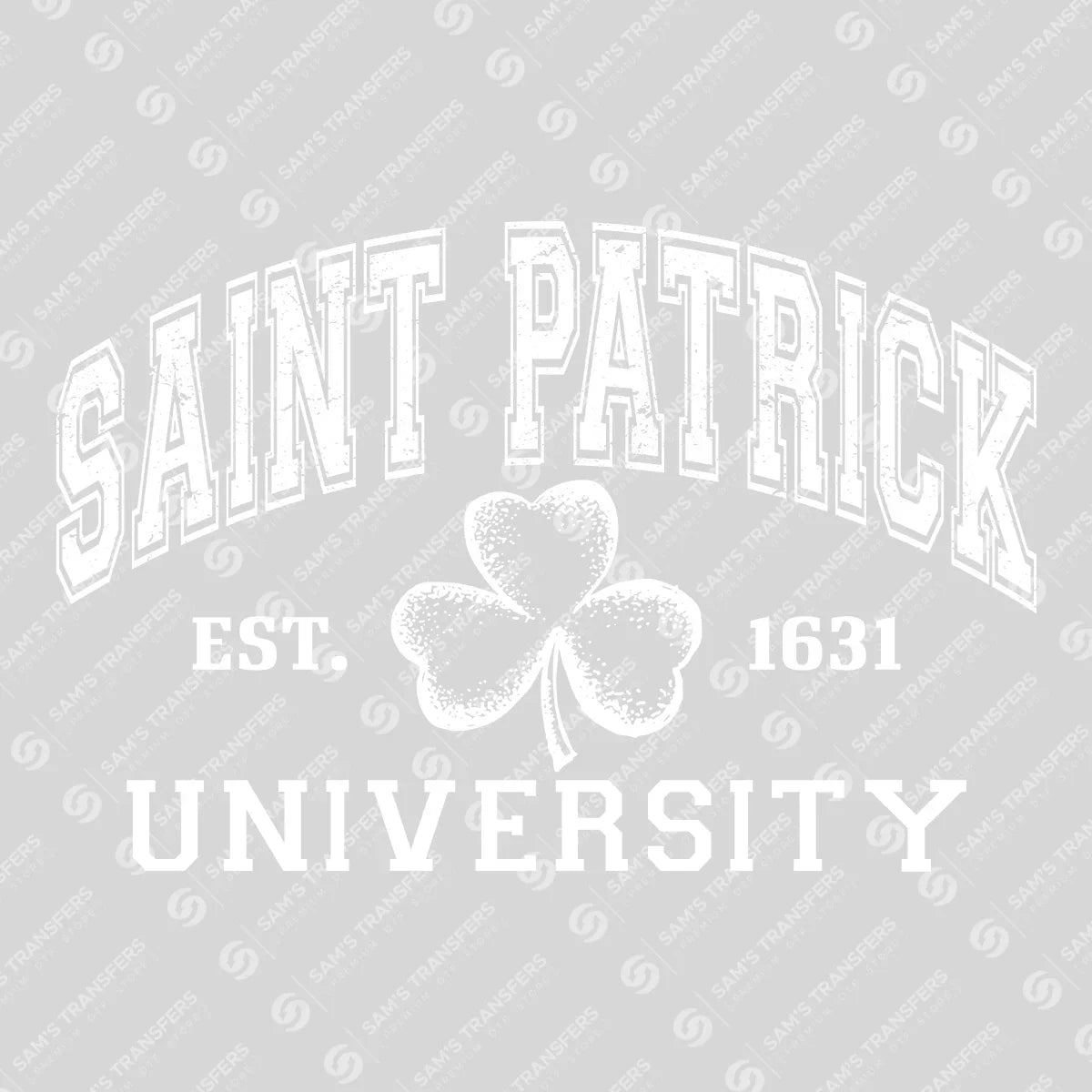 Apparel featuring a Saint Patrick University Varsity-themed DTF transfer.