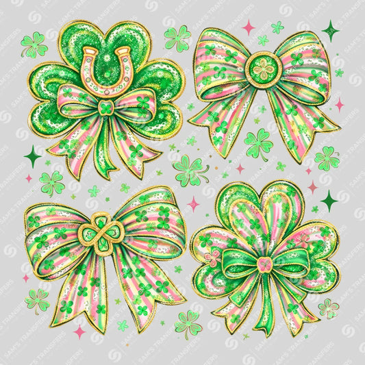 Apparel featuring a Shamrock Bows Glitter Quad-themed DTF transfer.