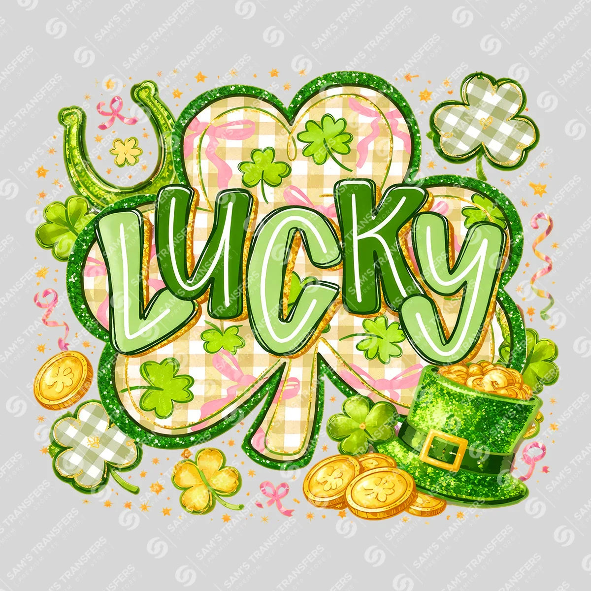 Apparel featuring a Lucky Gingham Heart Clover-themed DTF transfer.