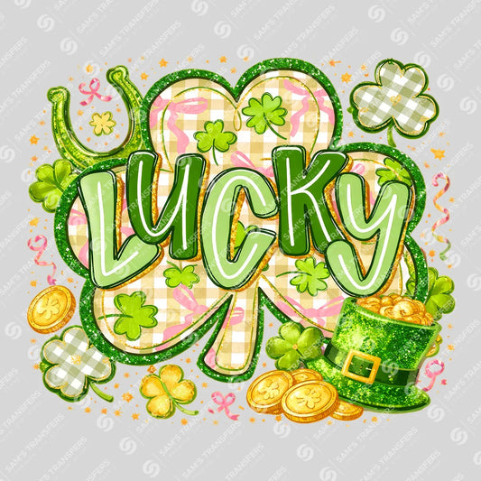 Apparel featuring a Lucky Gingham Heart Clover-themed DTF transfer.