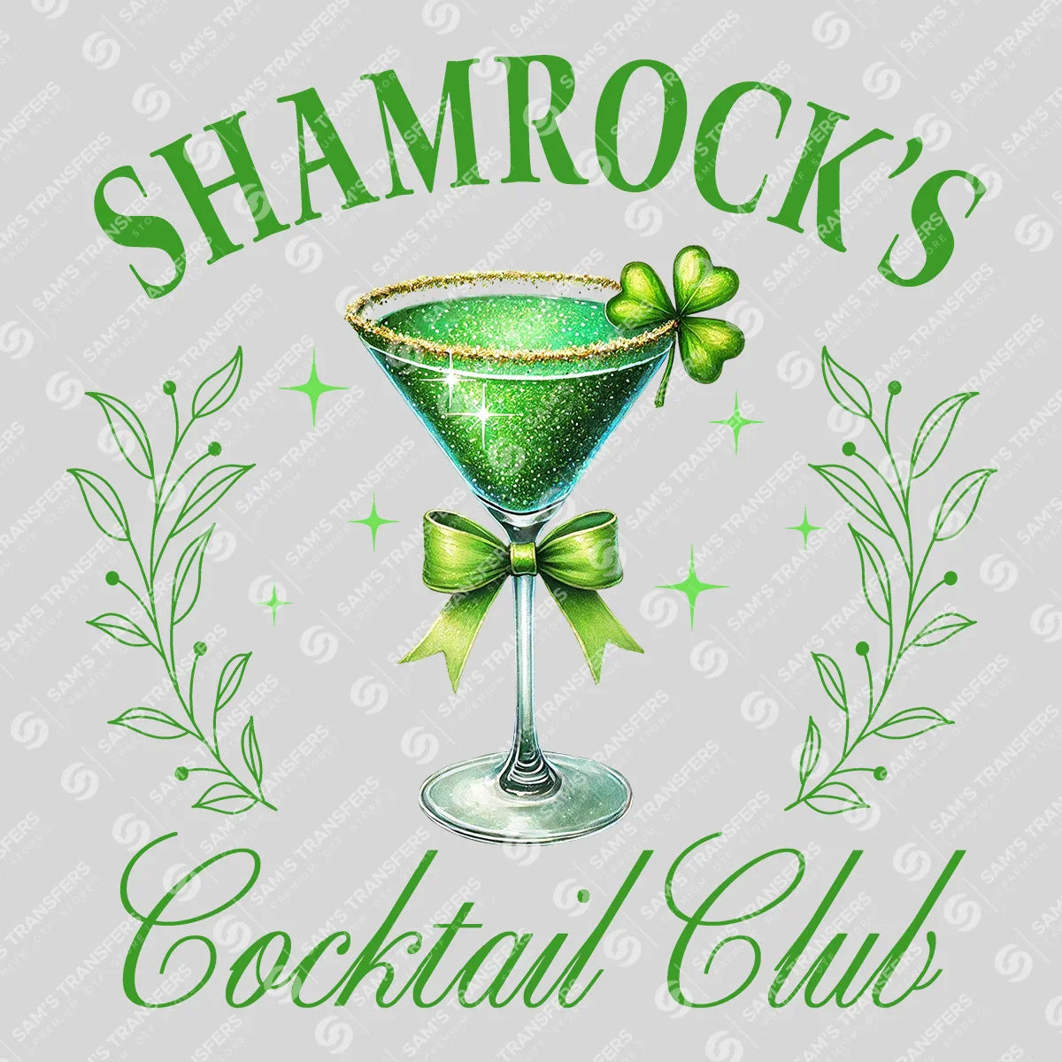 Apparel featuring a Shamrocks Cocktail Club Martini-themed DTF transfer.