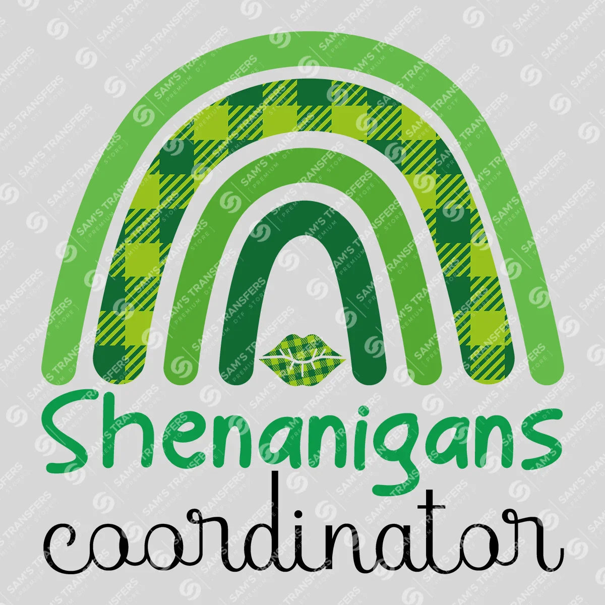Apparel featuring a Shenanigans Coordinator Plaid Rainbow-themed DTF transfer.