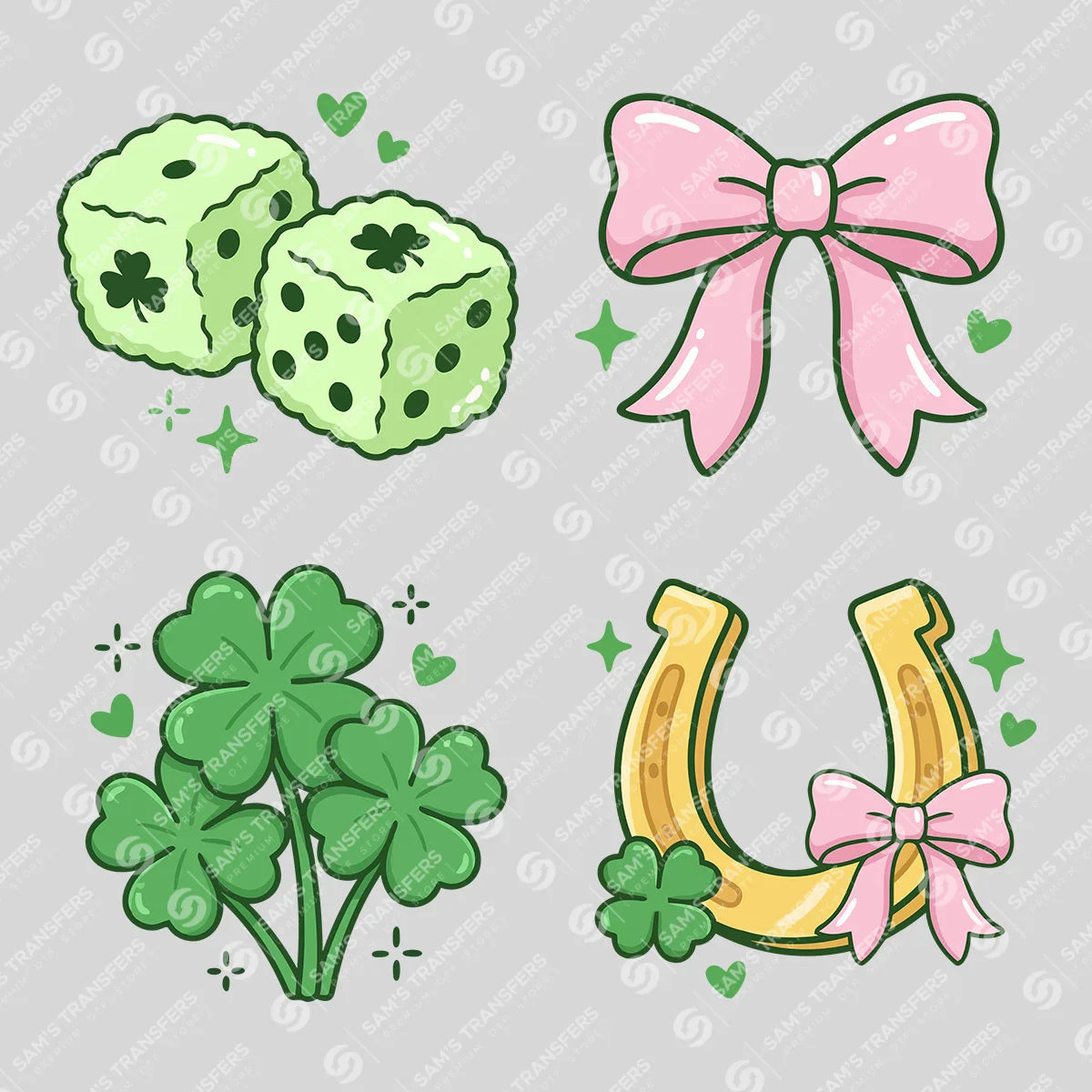 Apparel featuring a Lucky Dice Bow Clover Quad-themed DTF transfer.
