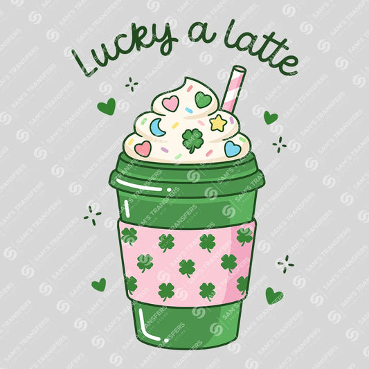 Apparel featuring a Lucky A Latte Coffee-themed DTF transfer.
