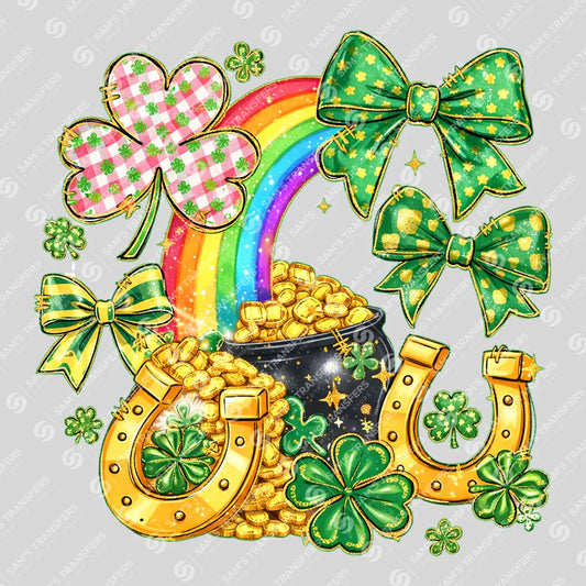 Apparel featuring a Lucky Rainbow Pot Of Gold Bows-themed DTF transfer.