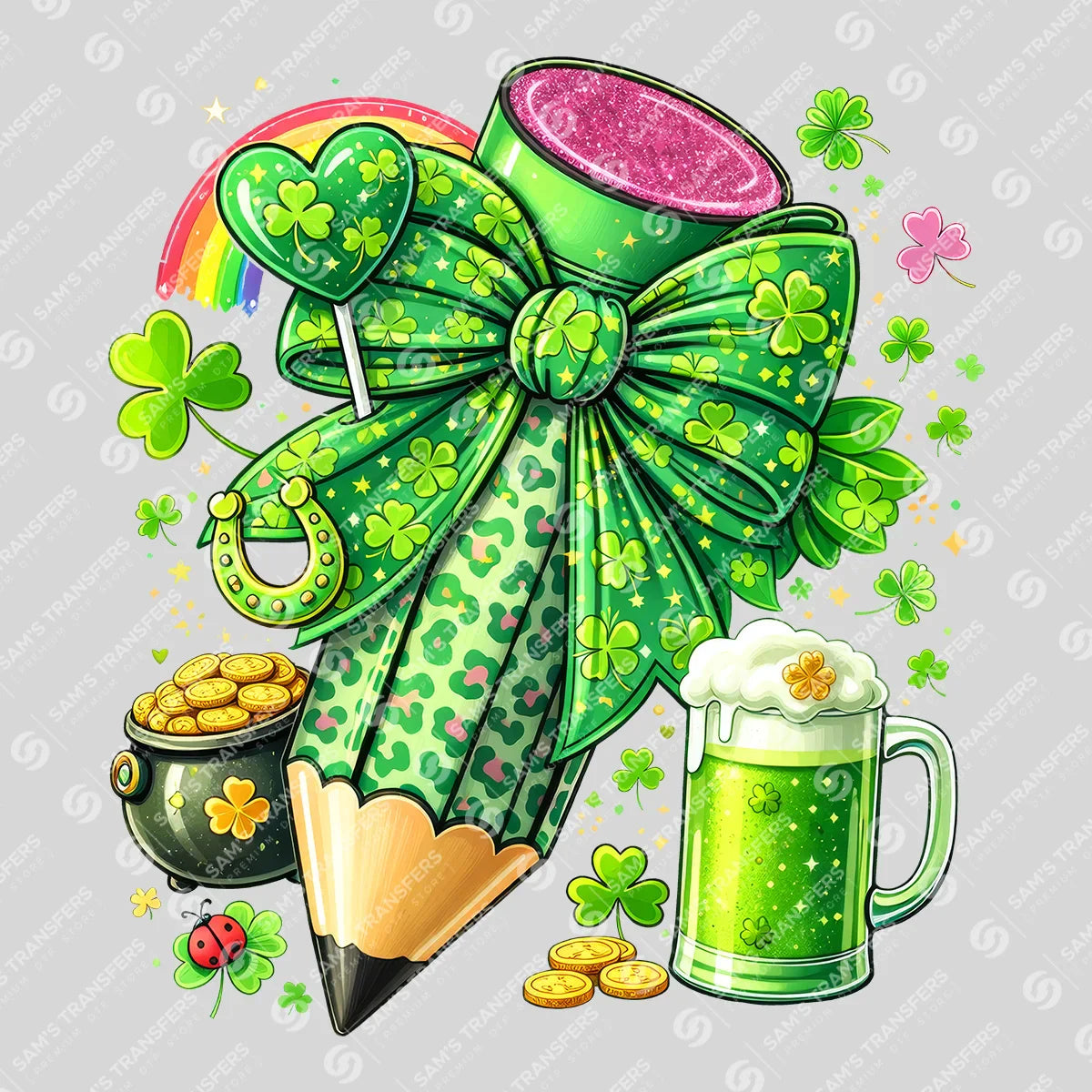 Apparel featuring a Lucky Bow Pencil Pot Of Gold-themed DTF transfer.