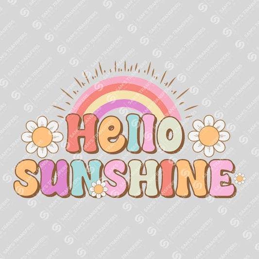 Apparel featuring a Hello Sunshine Retro Rainbow-themed DTF transfer.