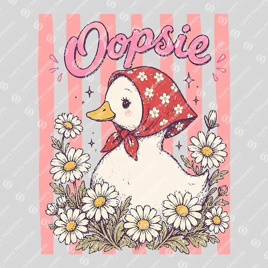 Apparel featuring a Oopsie Daisy Duck-themed DTF transfer.