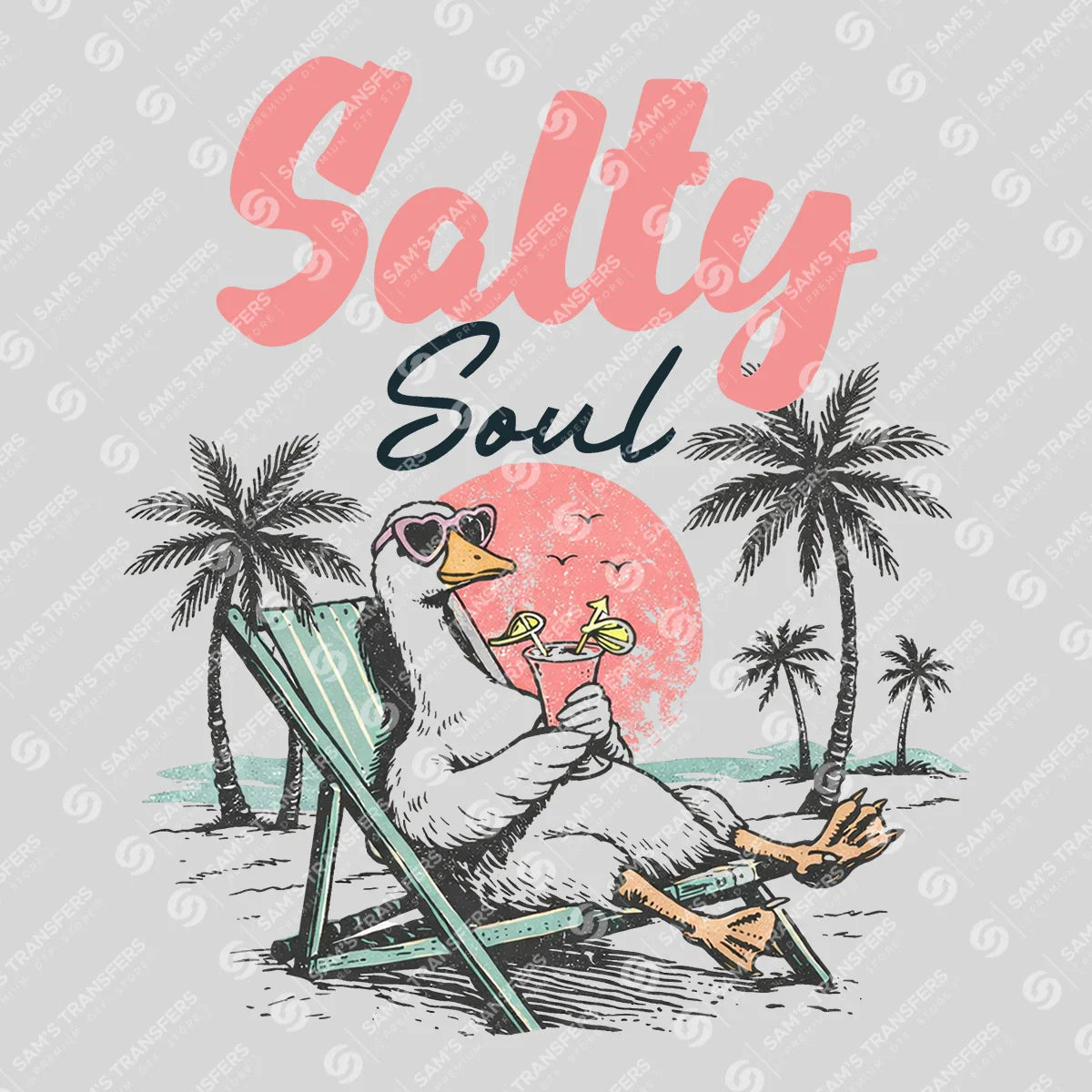 Apparel featuring a Salty Soul Seagull Beach-themed DTF transfer.