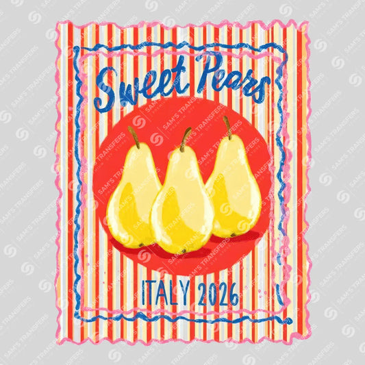 Apparel featuring a Sweet Pears Italy 2026-themed DTF transfer.