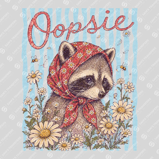 Apparel featuring a Oopsie Daisy Raccoon-themed DTF transfer.