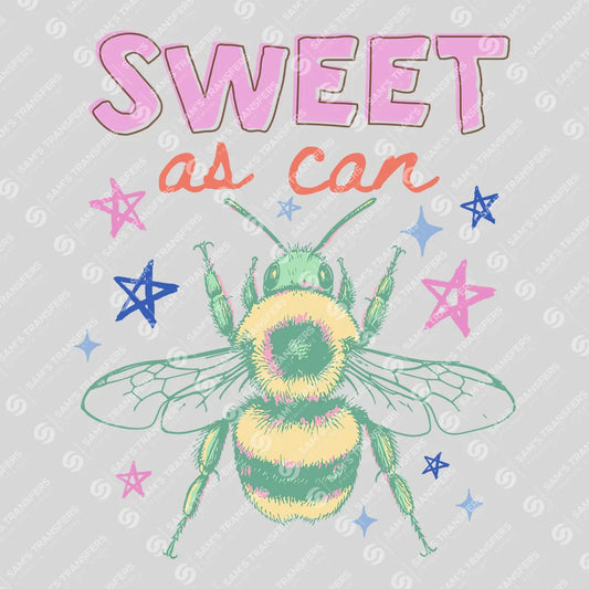 Apparel featuring a Sweet As Can Bee-themed DTF transfer.