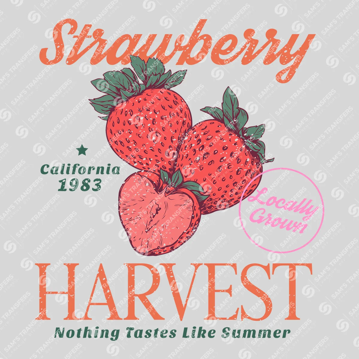 Apparel featuring a Strawberry Harvest Nothing Tastes Like Summer-themed DTF transfer.