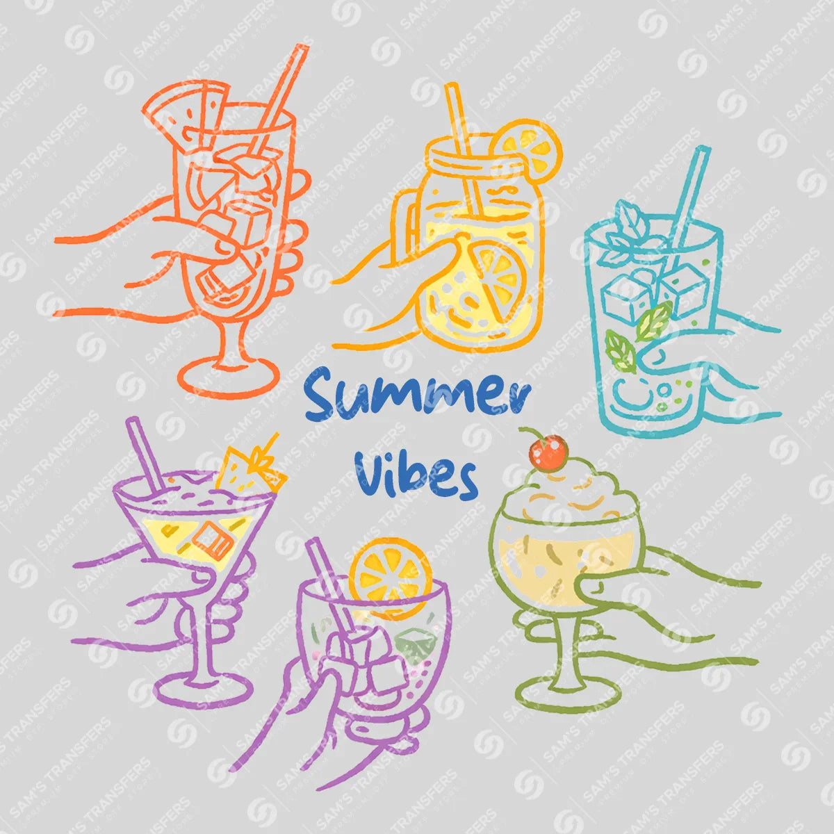 Apparel featuring a Summer Vibes Drinks Doodle-themed DTF transfer.