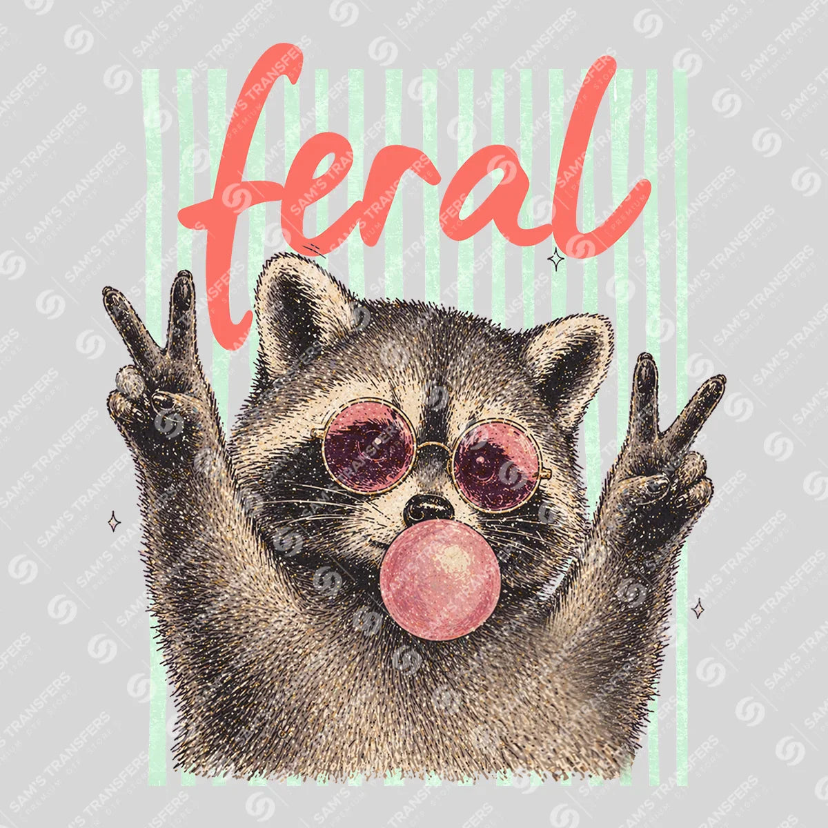 Apparel featuring a Feral Raccoon Bubble Gum-themed DTF transfer.
