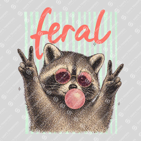 Apparel featuring a Feral Raccoon Bubble Gum-themed DTF transfer.
