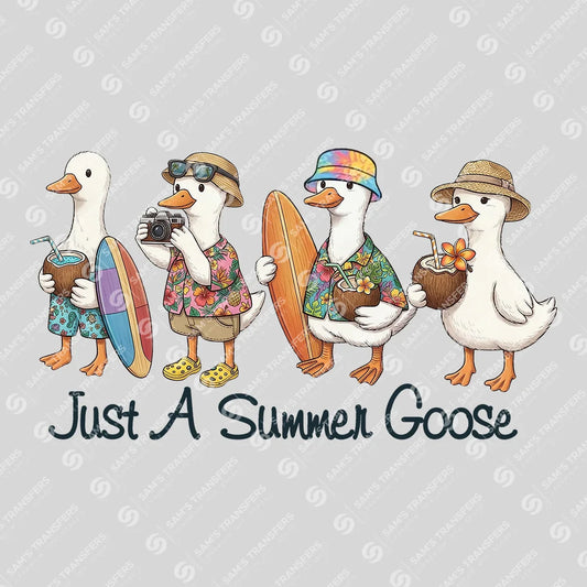 Apparel featuring a Just A Summer Goose Surf-themed DTF transfer.