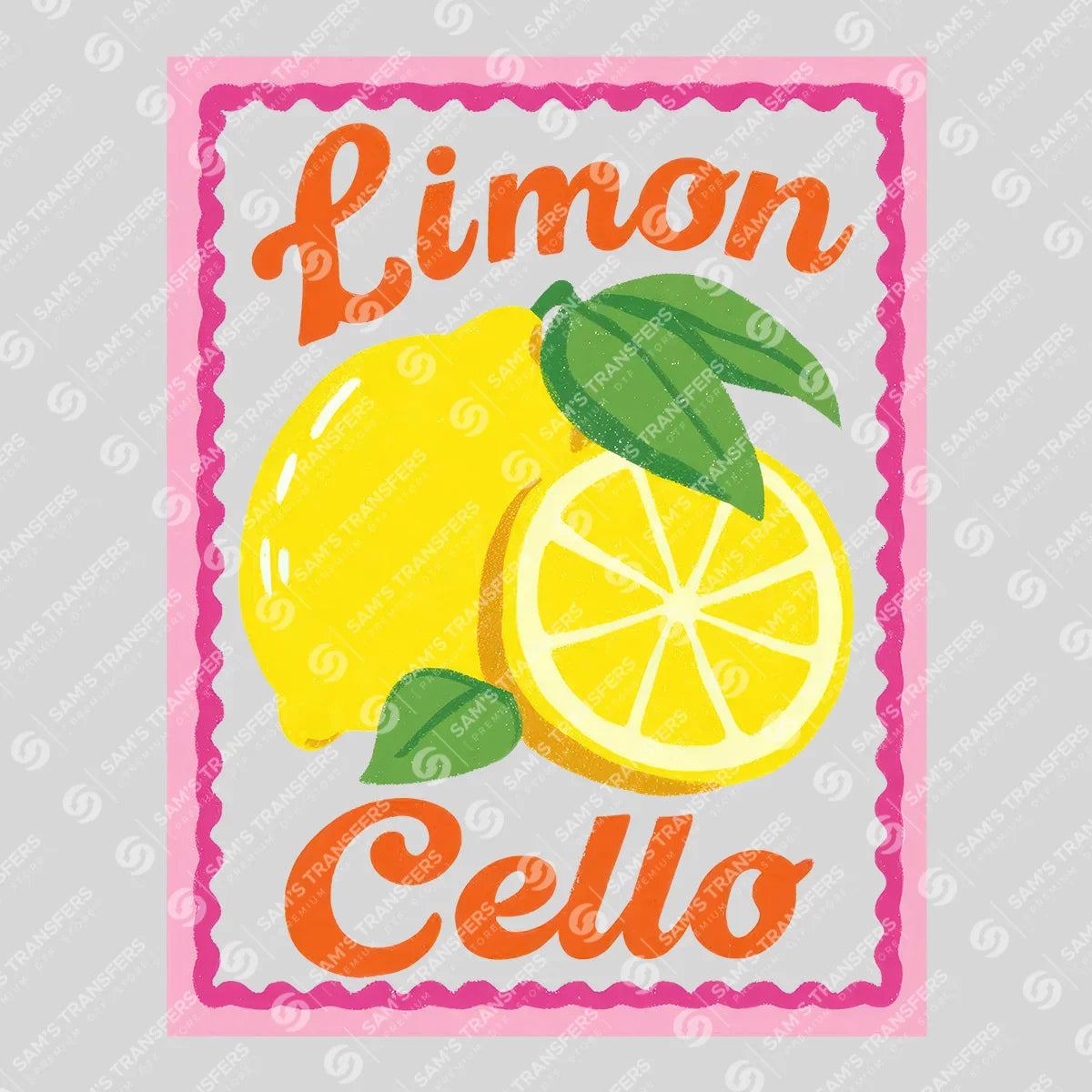 Apparel featuring a Limoncello Lemon Stamp-themed DTF transfer.