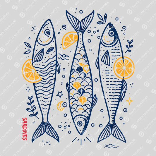 Apparel featuring a Sardines Lemon Folk Art-themed DTF transfer.