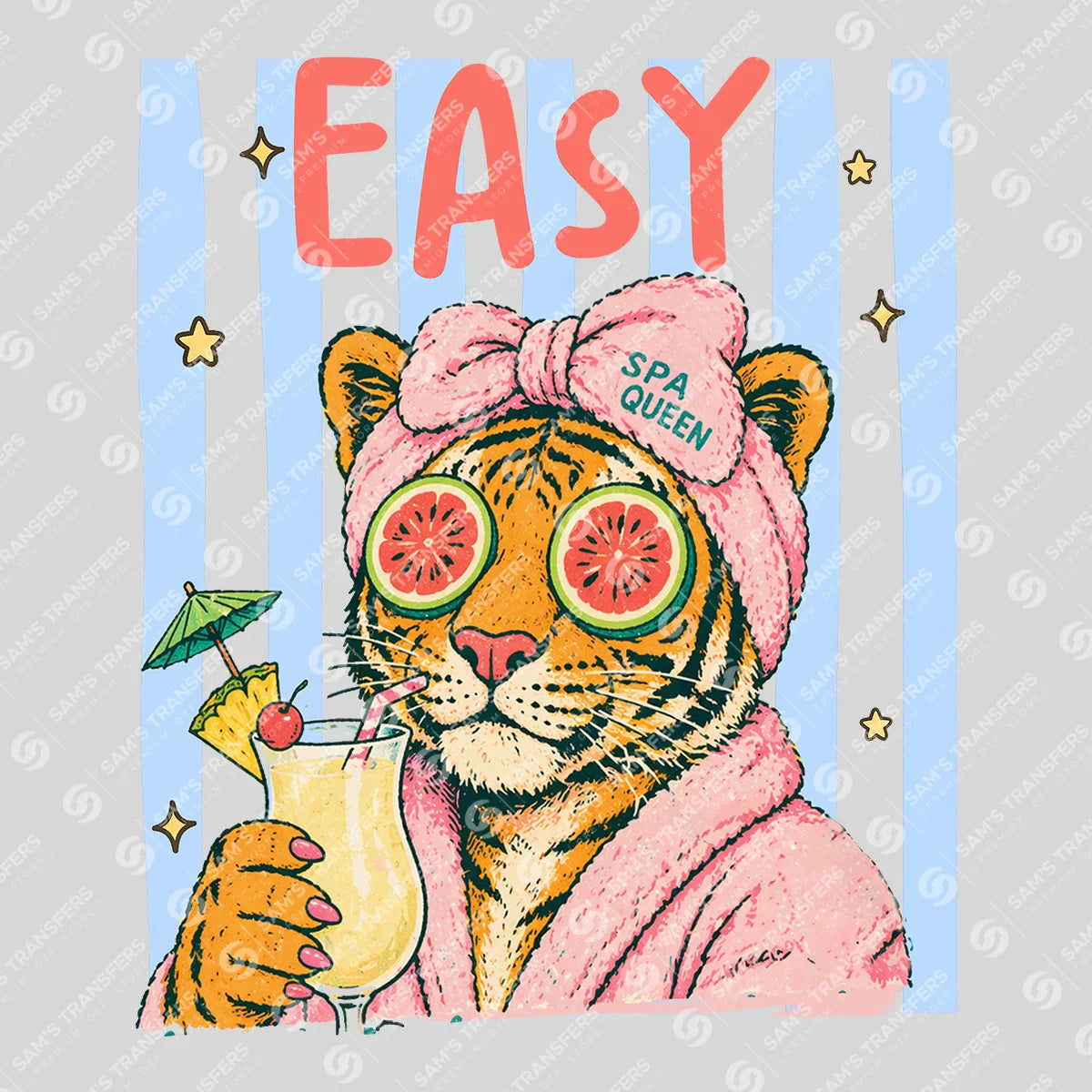 Apparel featuring a Easy Spa Queen Tiger-themed DTF transfer.
