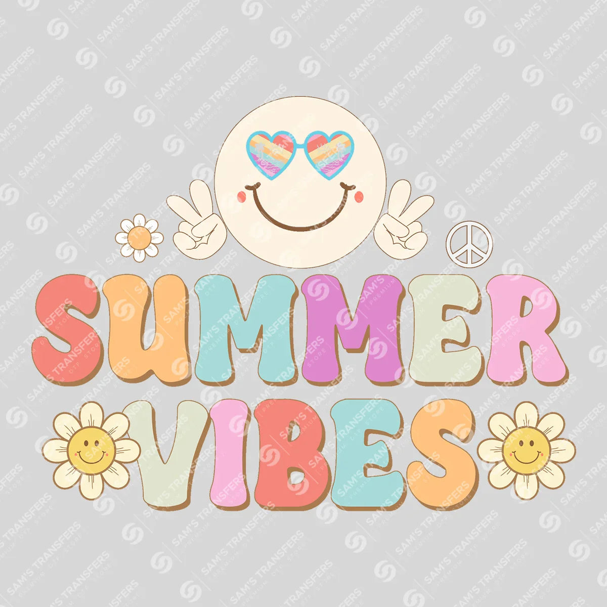 Apparel featuring a Summer Vibes Smiley Retro-themed DTF transfer.