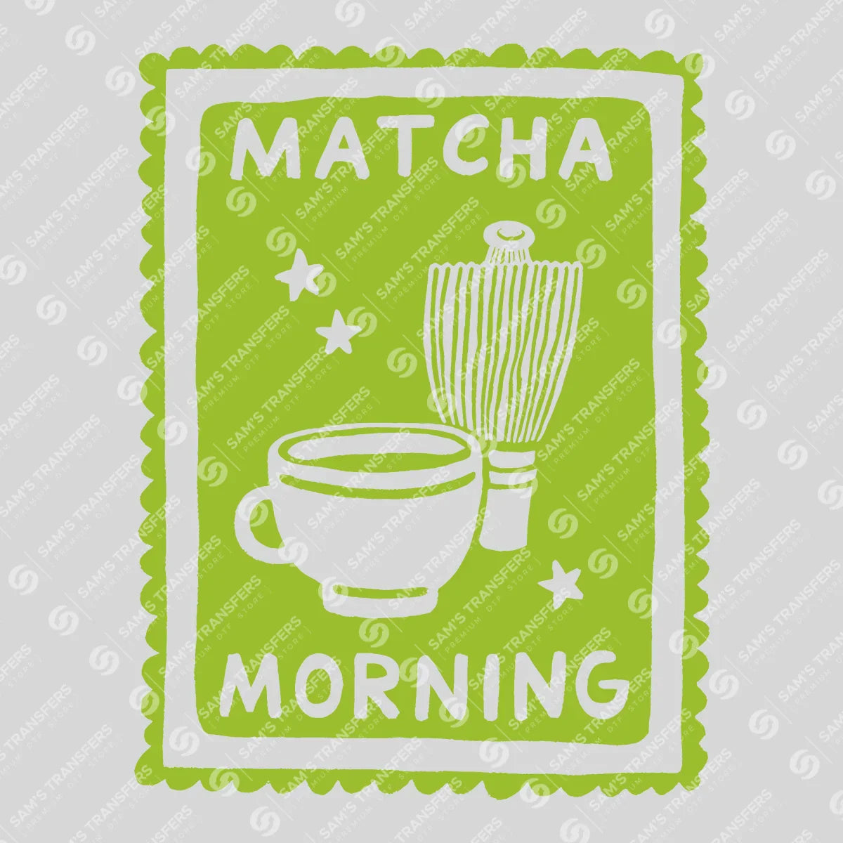 Apparel featuring a Matcha Morning Stamp-themed DTF transfer.
