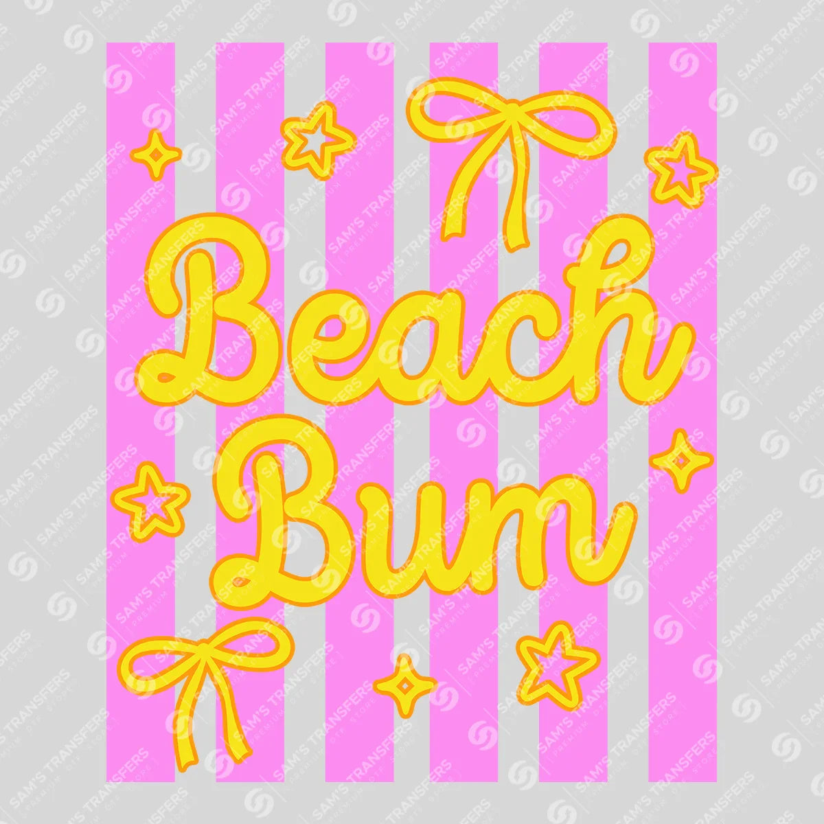 Apparel featuring a Beach Bum Striped Bows-themed DTF transfer.