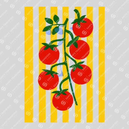 Apparel featuring a Tomatoes On Yellow Stripes-themed DTF transfer.