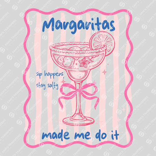 Apparel featuring a Margaritas Made Me Do It Striped-themed DTF transfer.