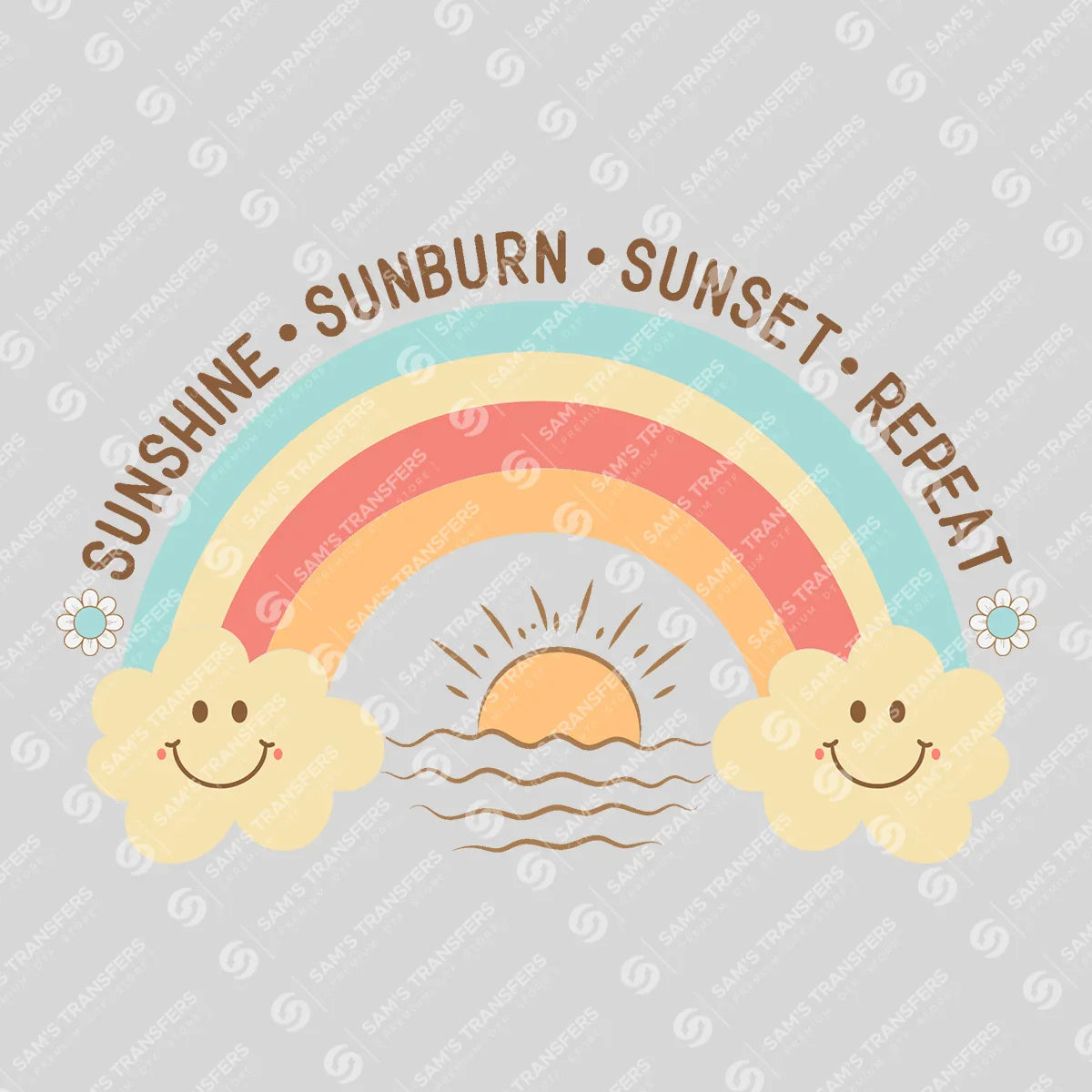 Apparel featuring a Sunshine Sunburn Sunset Repeat Rainbow-themed DTF transfer.