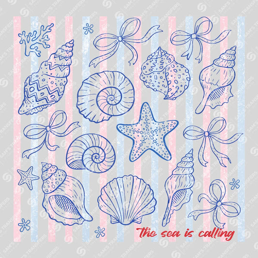 Apparel featuring a The Sea Is Calling Seashells Striped-themed DTF transfer.