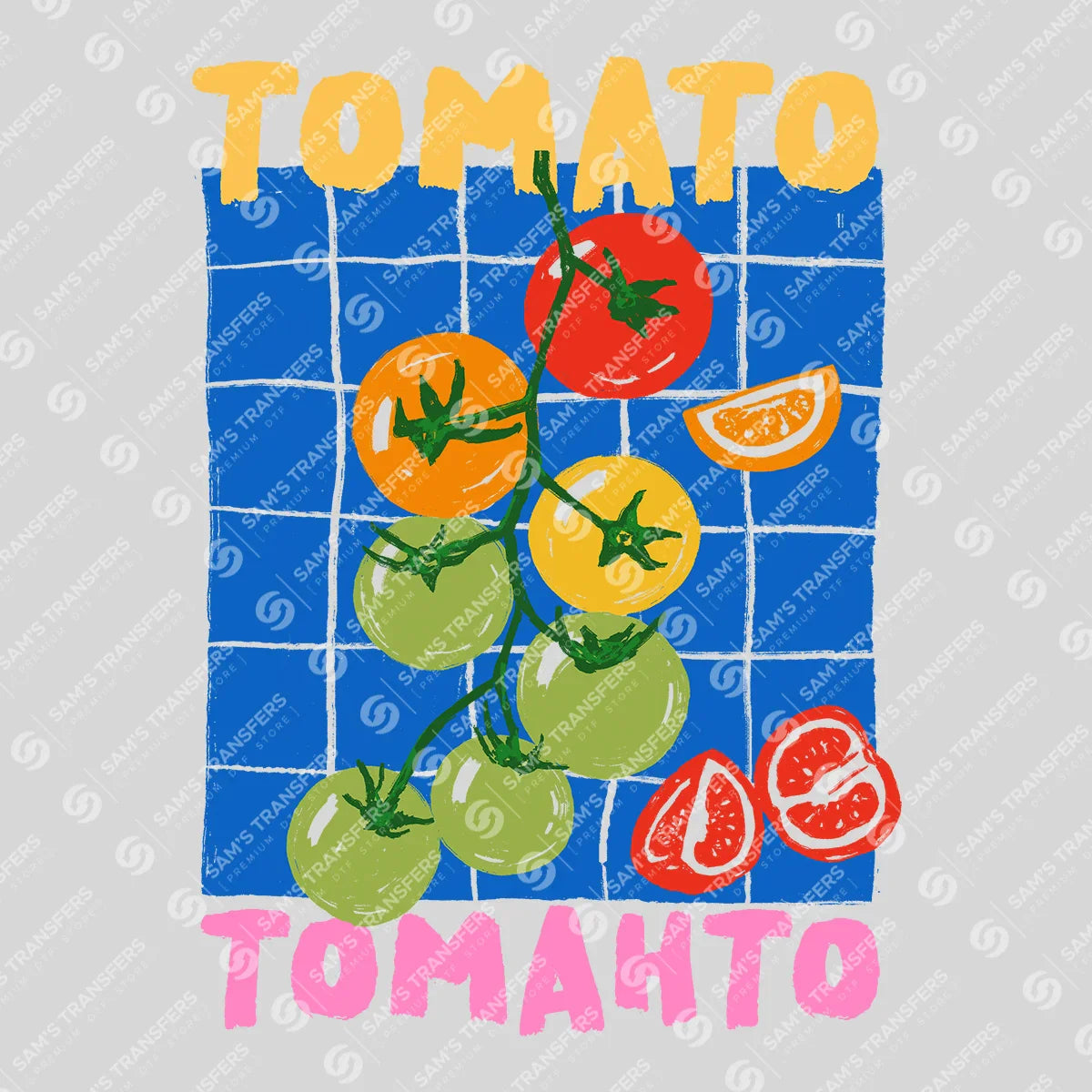 Apparel featuring a Tomato Tomahto Tiled-themed DTF transfer.
