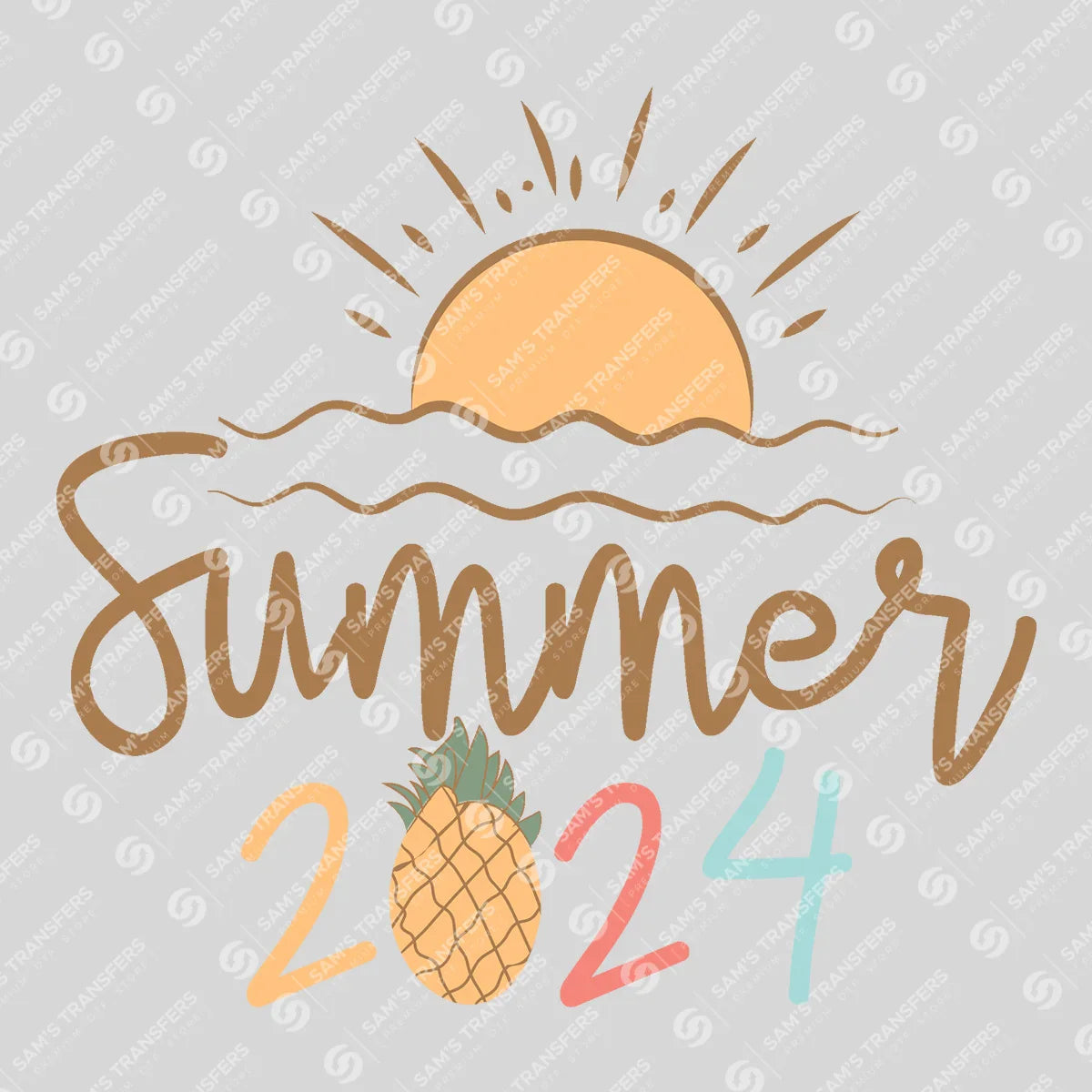 Apparel featuring a Summer 2024 Pineapple Sunrise-themed DTF transfer.