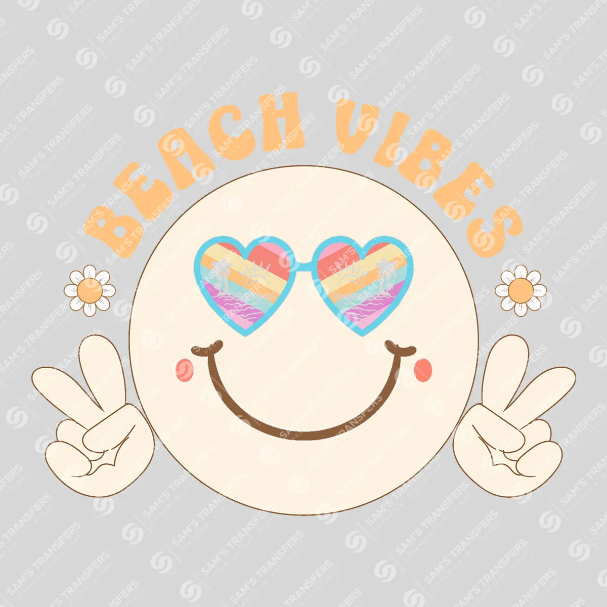 Apparel featuring a Beach Vibes Smiley Retro-themed DTF transfer.