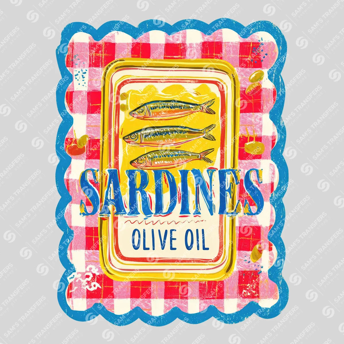 Apparel featuring a Sardines Olive Oil Vintage-themed DTF transfer.