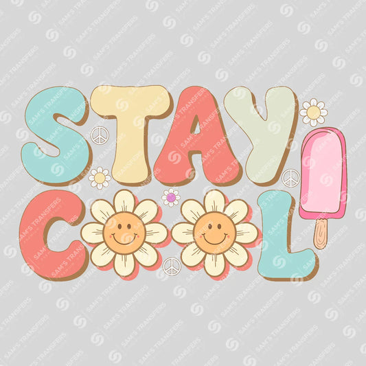 Apparel featuring a Stay Cool Daisy Smiley-themed DTF transfer.