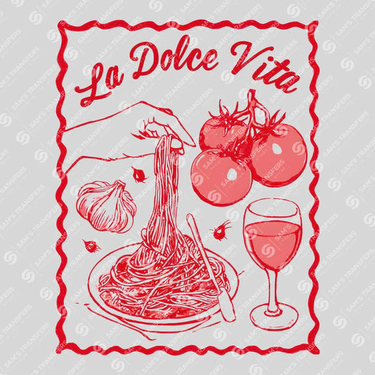 Apparel featuring a La Dolce Vita Pasta-themed DTF transfer.