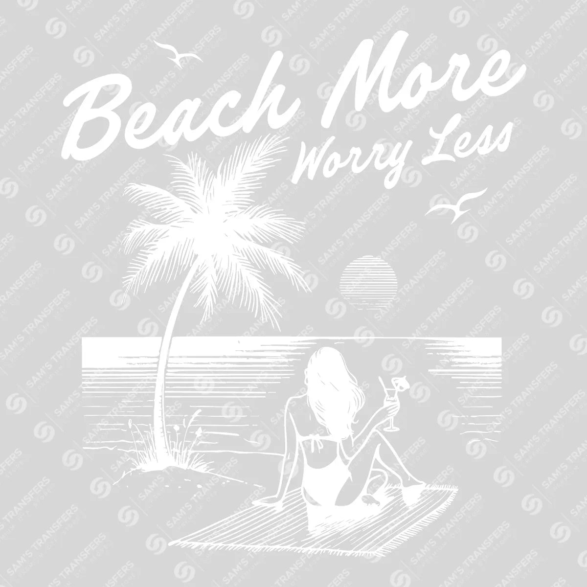 Apparel featuring a Beach More Worry Less Palm-themed DTF transfer.