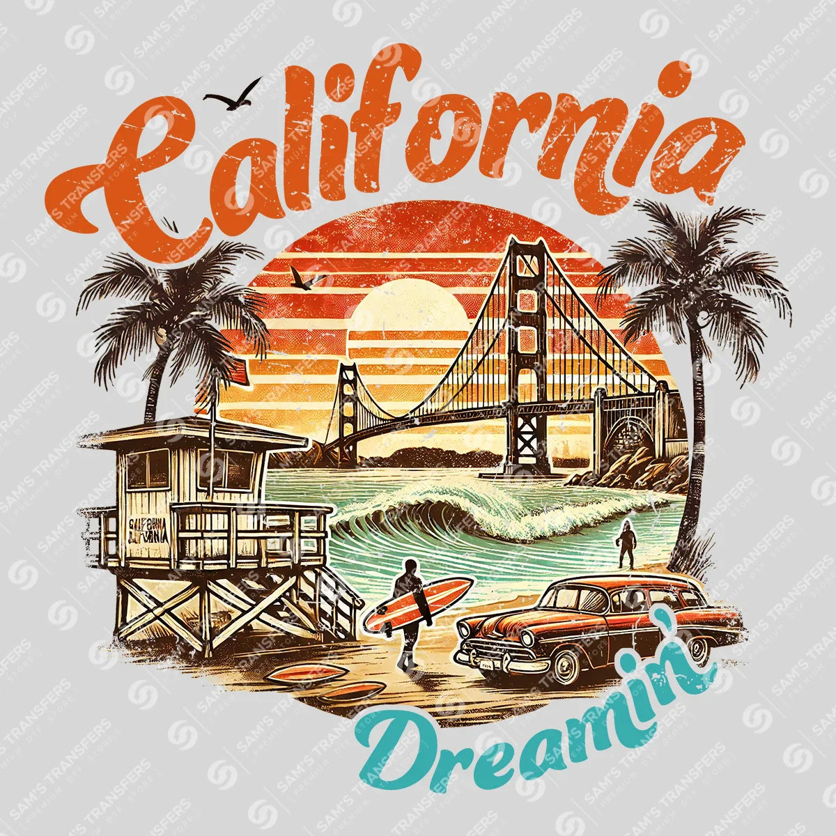 Apparel featuring a California Dreamin Retro-themed DTF transfer.
