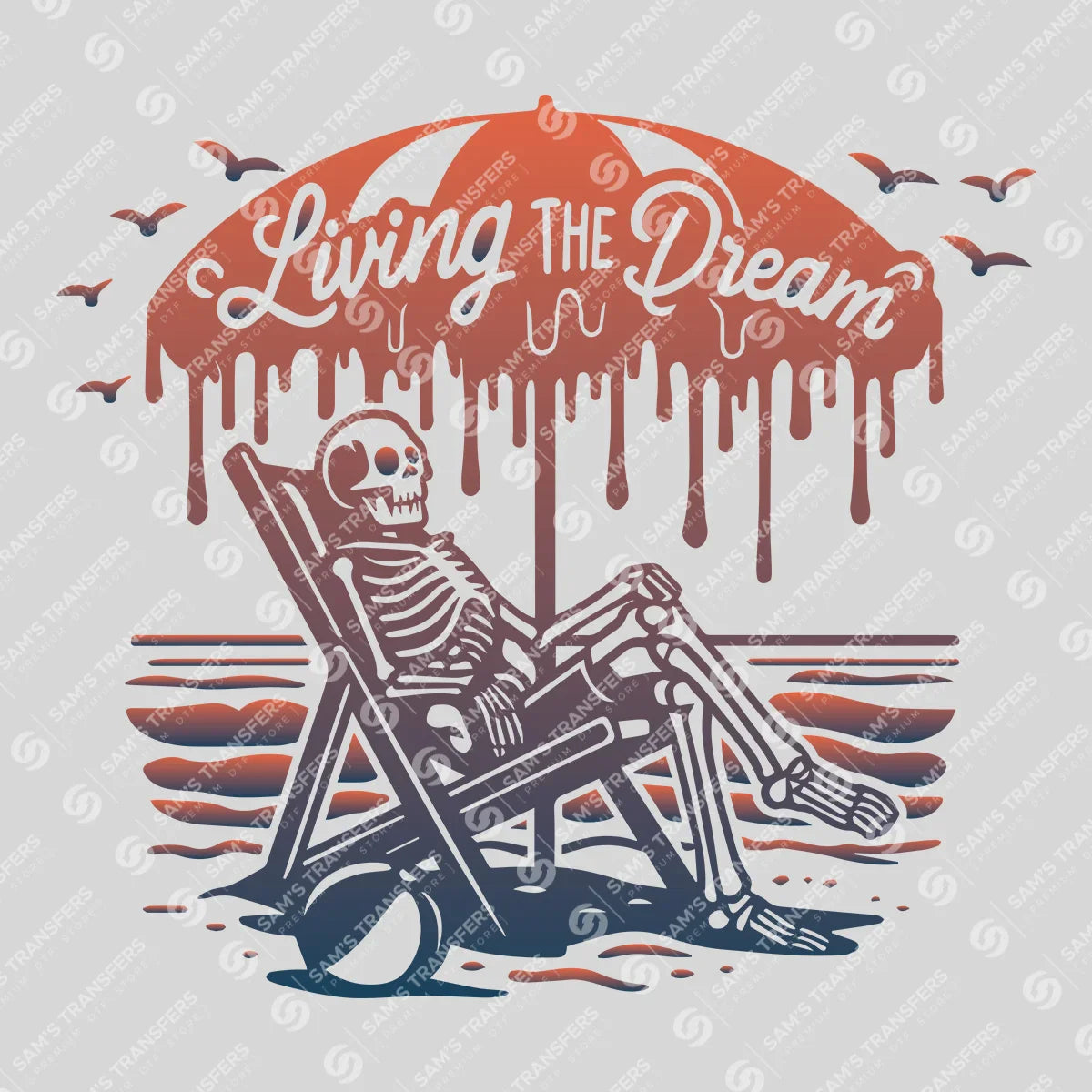 Apparel featuring a Living the Dream-themed DTF transfer.