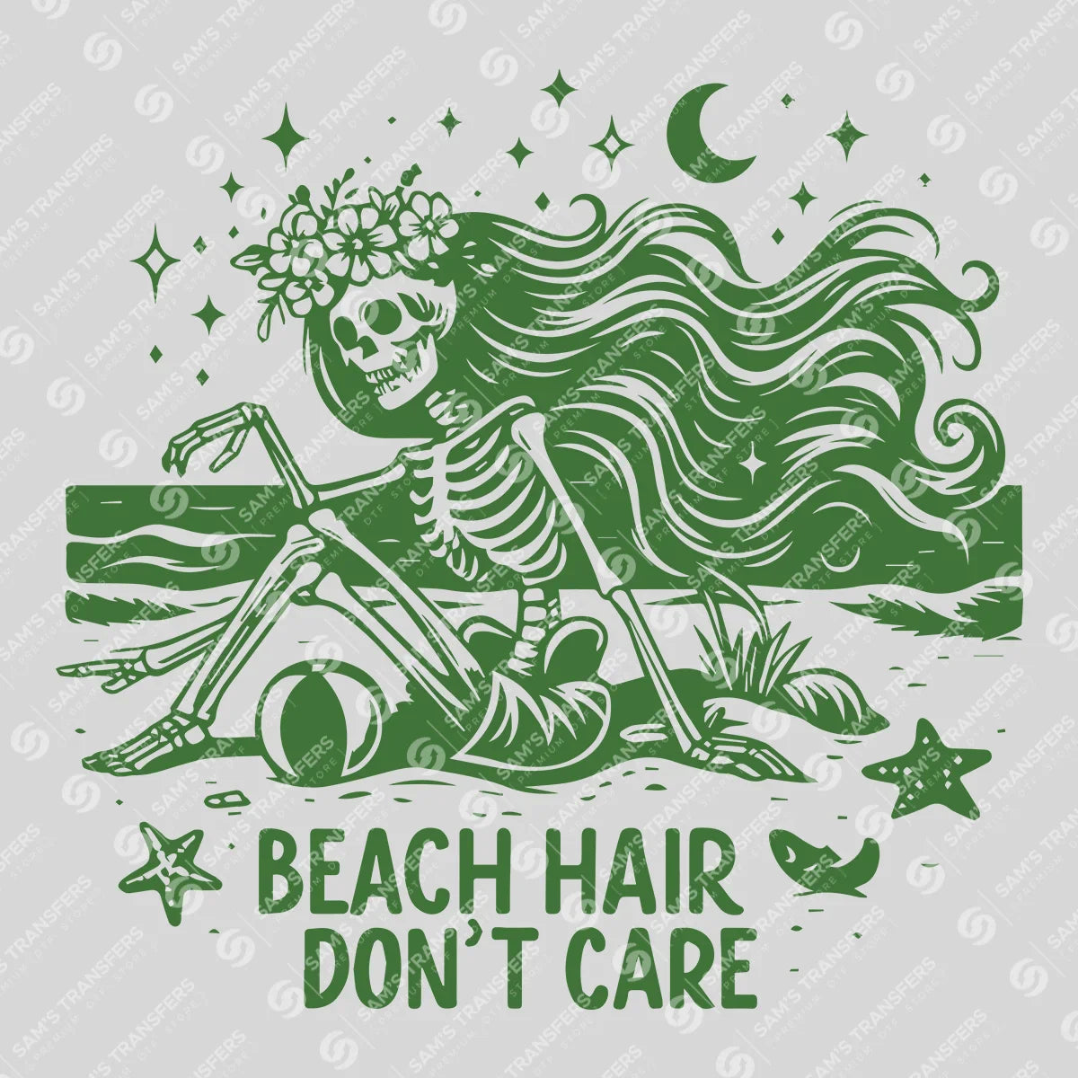 Apparel featuring a Beach Hair Don't Care-themed DTF transfer.