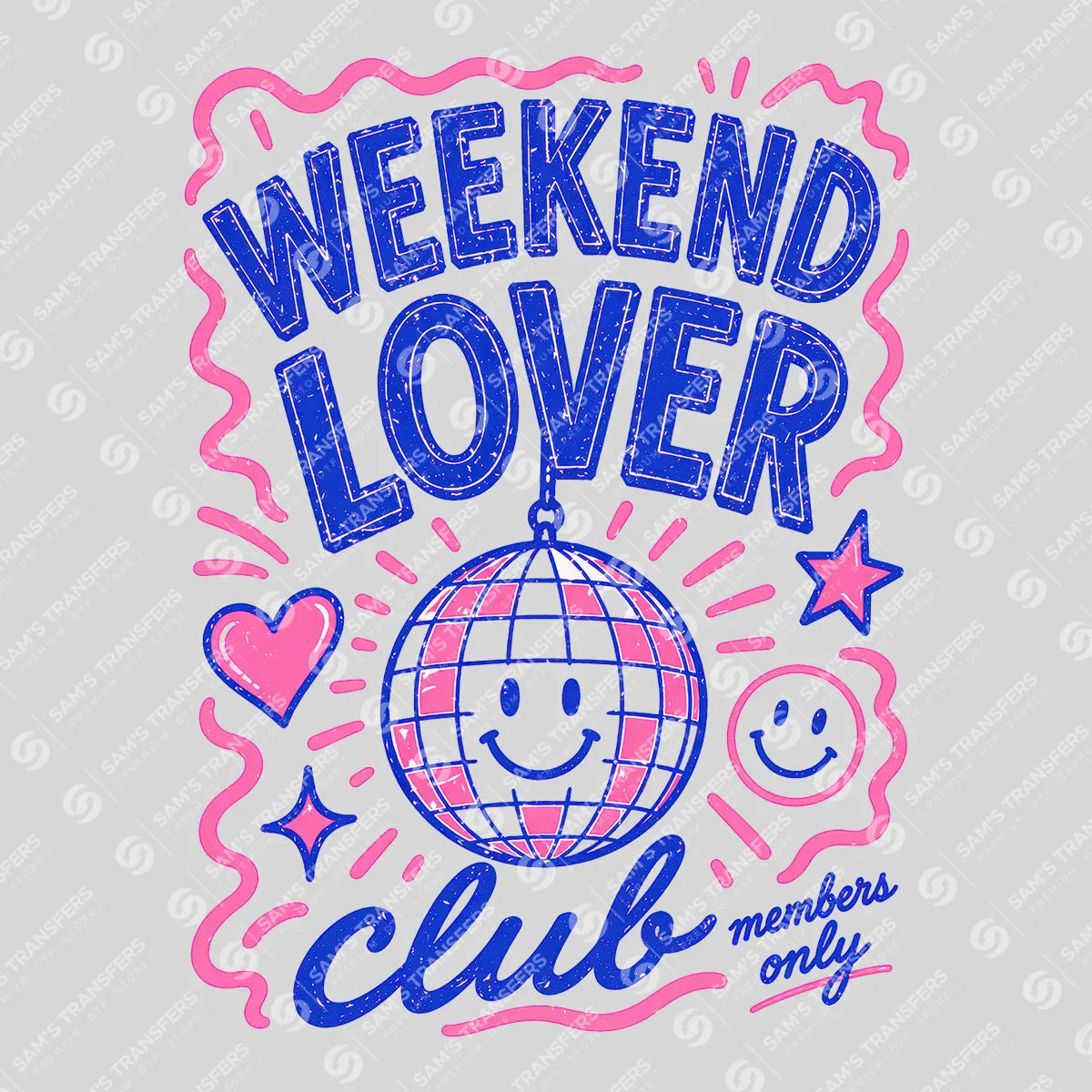 Apparel featuring a Weekend Lover Club-themed DTF transfer.