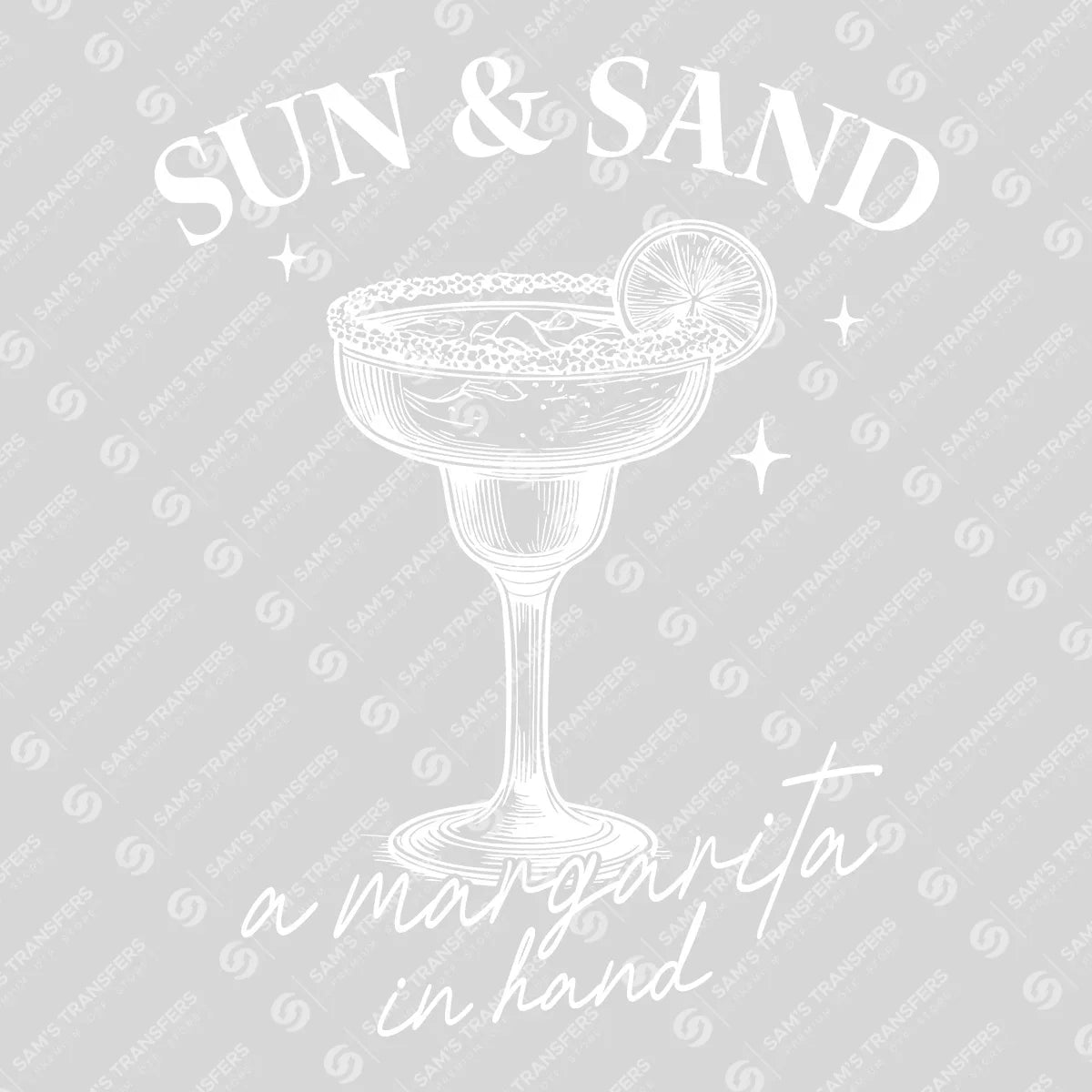 Apparel featuring a Sun & Sand a Margarita in Hand-themed DTF transfer.